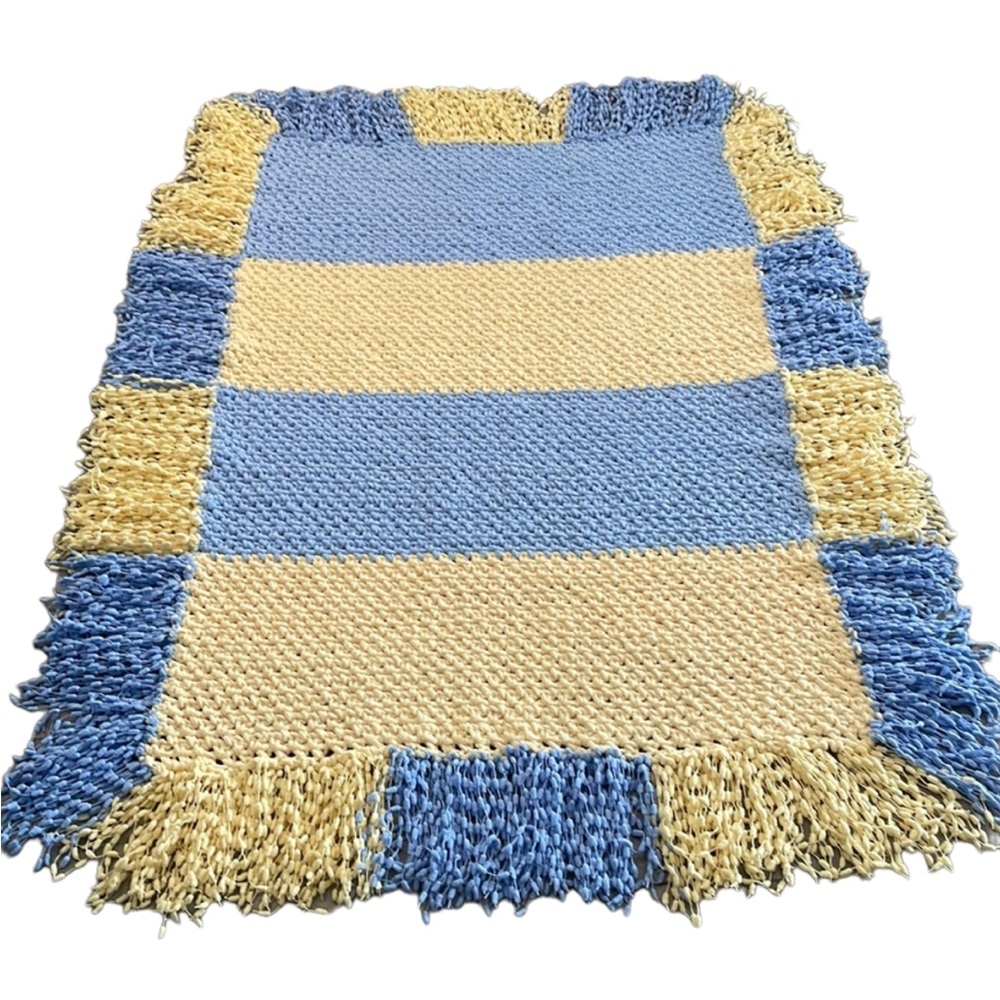 Handmade chunky knitted, fringe blanket/throw. Soft yellow, blue 35”x50” - Picture 12 of 13